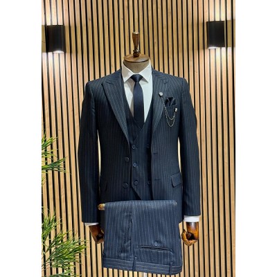 Lacivert Çizgili Takım Elbise