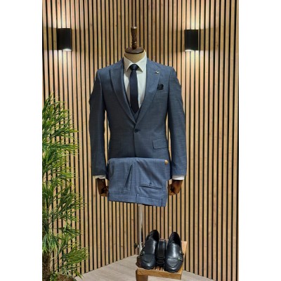 Mavi Kendinden Desenli Takım Elbise