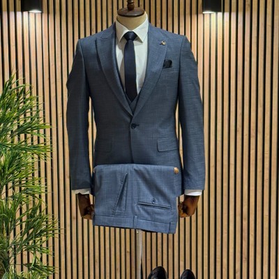 Mavi Kendinden Desenli Takım Elbise